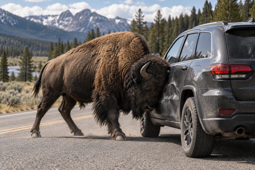 A large bison aggressively head-butting the side of a dark Jeep Grand Cherokee on a scenic mountain highway