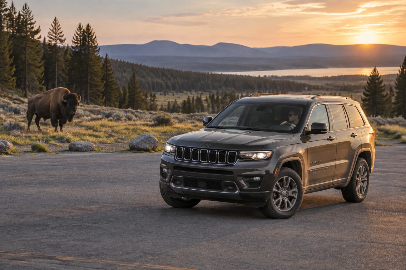 A large bison standing on the grassy roadside near a dark Jeep Grand Cherokee parked in Yellowstone at sunset