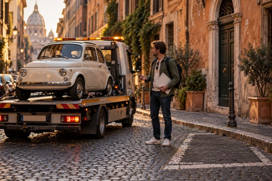 A tourist standing on a cobblestone street in Rome watching a tow truck load his rental Fiat