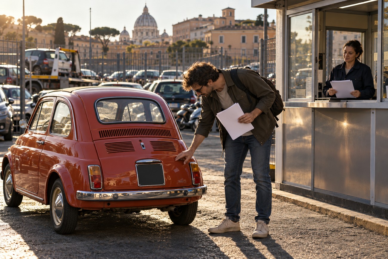 A man holding documents checks his red vintage rental Fiat next to an impound office booth in Rome