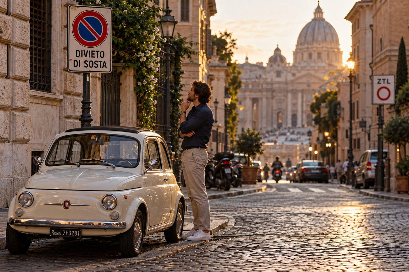 A man standing on a historic Rome street looking up at a no parking sign next to a vintage white rental Fiat