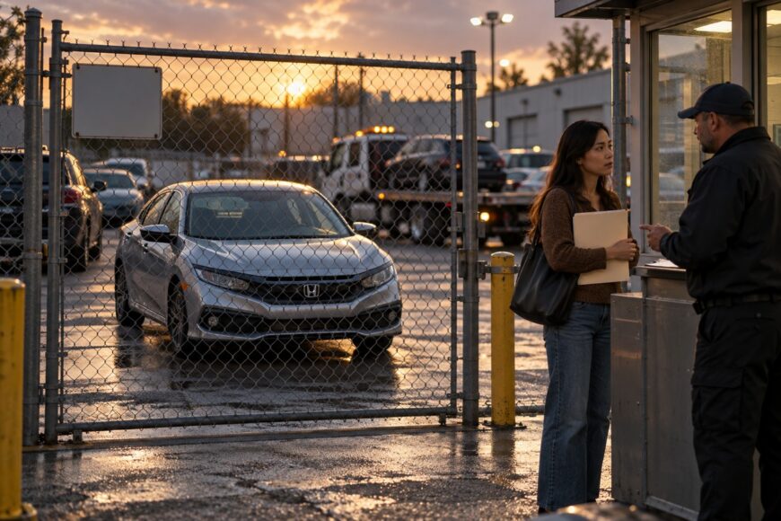 Woman holding paperwork talking to a security guard at an impound lot gate with a silver Honda Civic parked inside