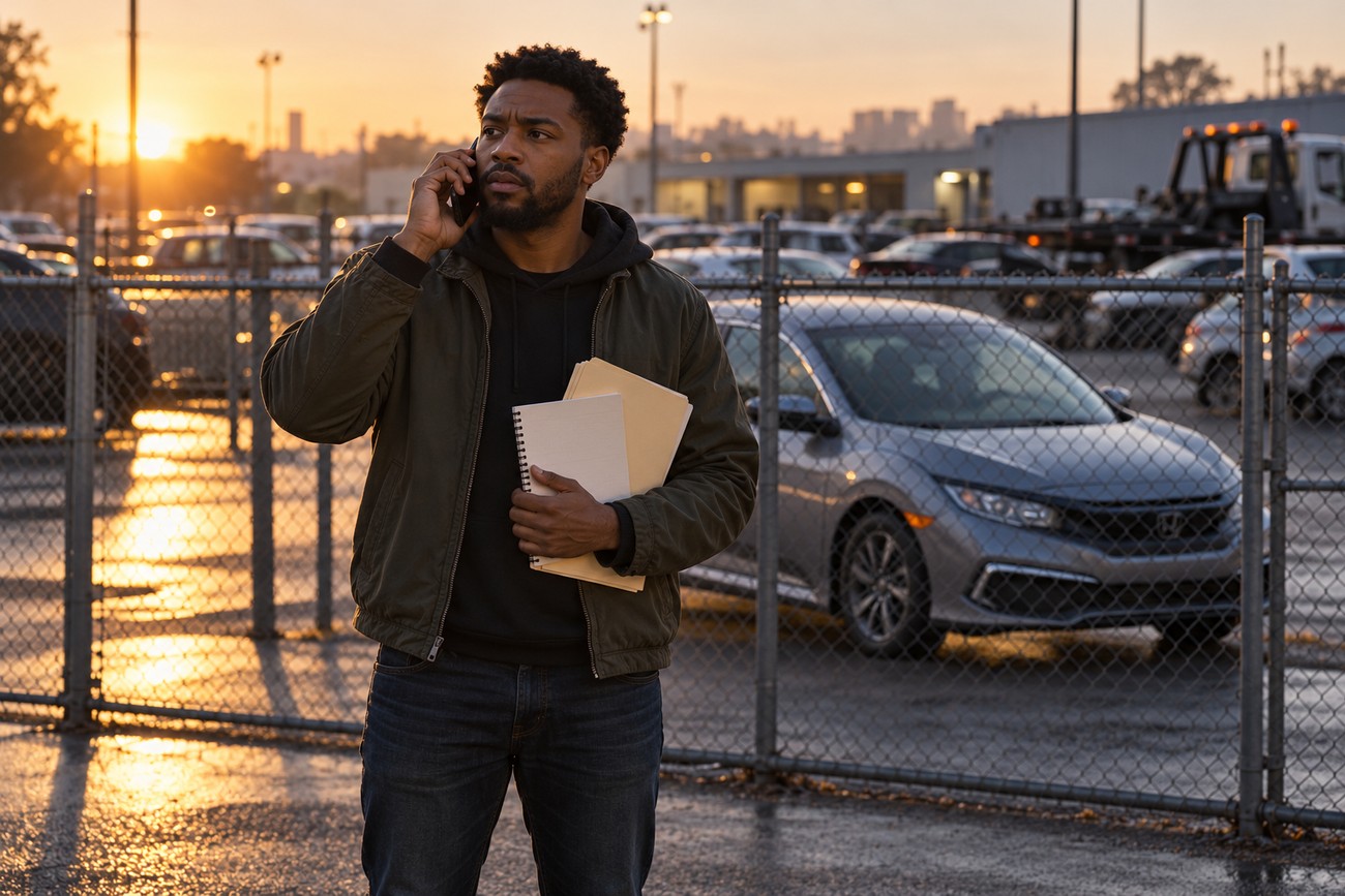 A man holding documents and talking on a phone stands near a chain-link fence at an impound lot with a silver Honda Civic in the background during sunset