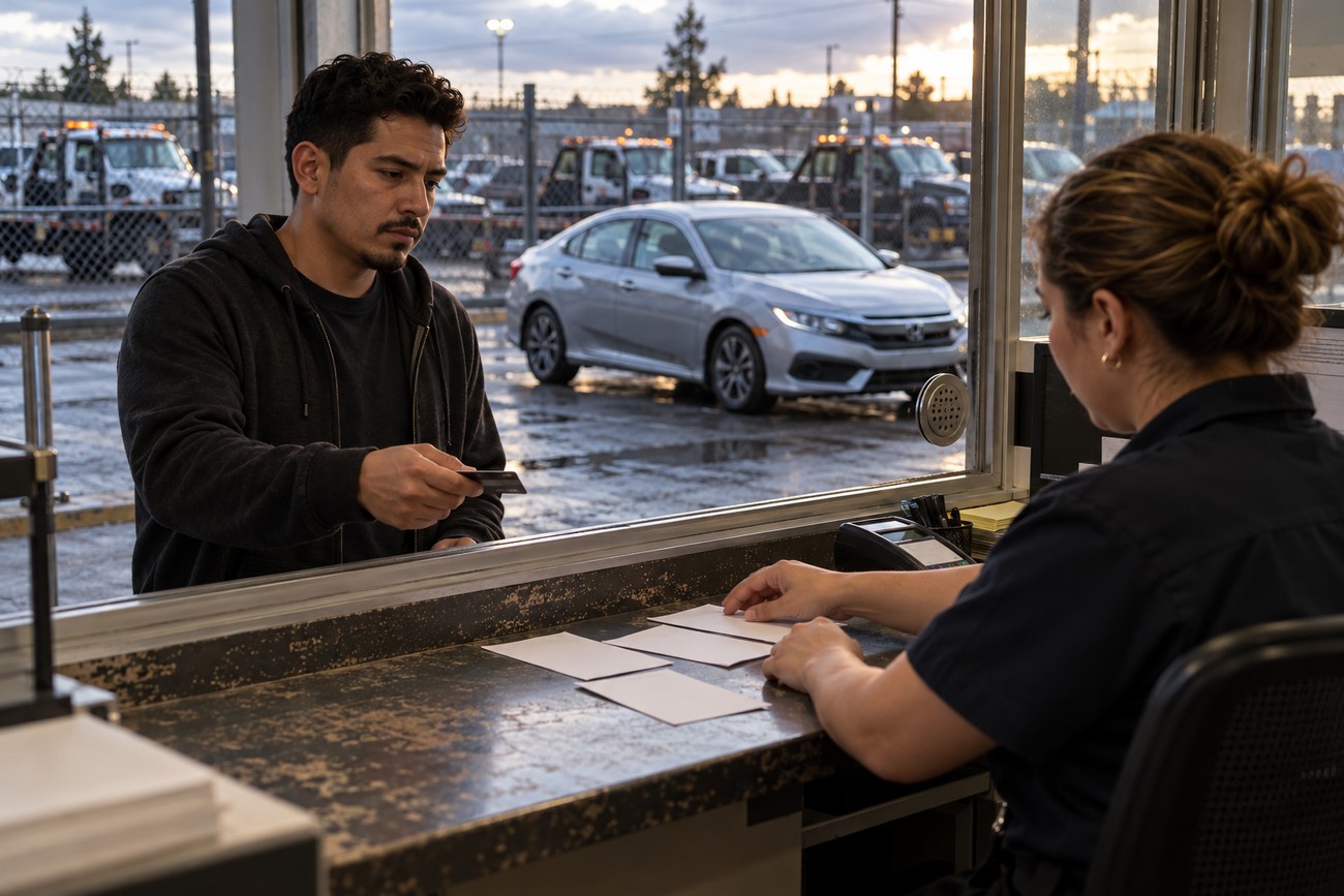 A man in a black hoodie hands a card to a female impound lot clerk at a service window with a silver Honda Civic visible parked outside