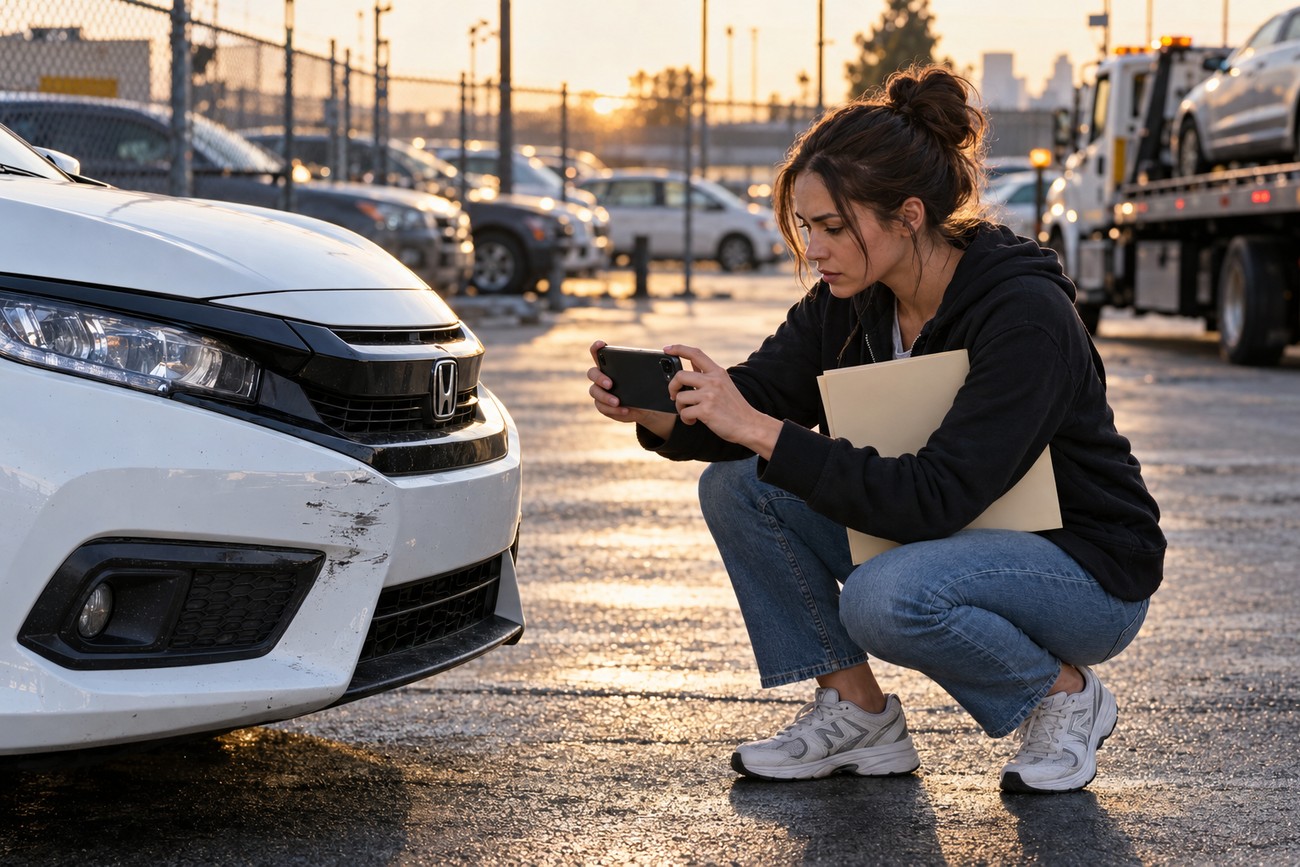 A woman crouching down in an impound lot taking photos of a scratched white Honda Civic with her phone