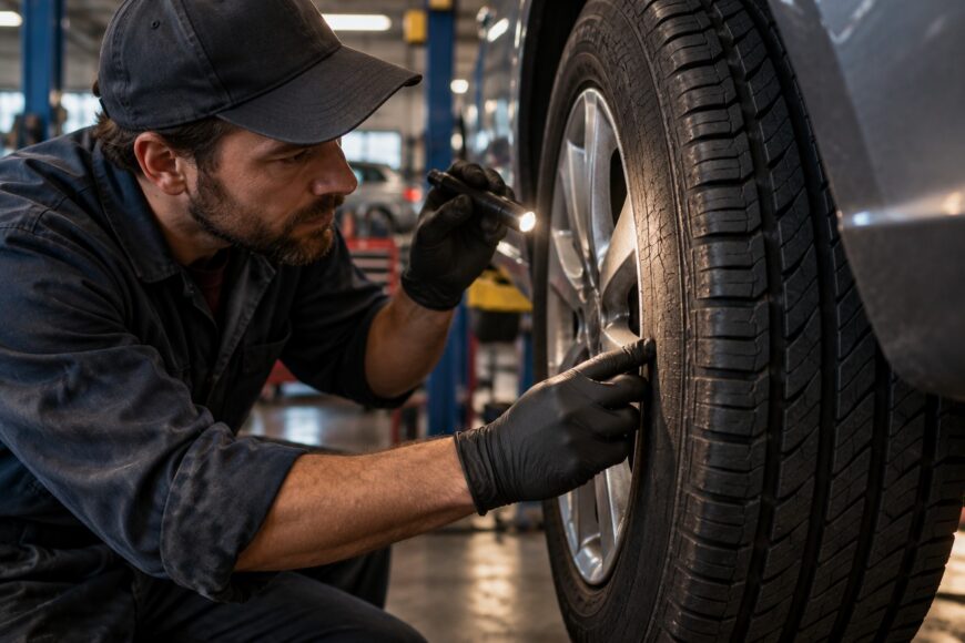 Mechanic wearing black gloves uses a flashlight to closely inspect dry rot and cracks on an aged car tire in a repair shop