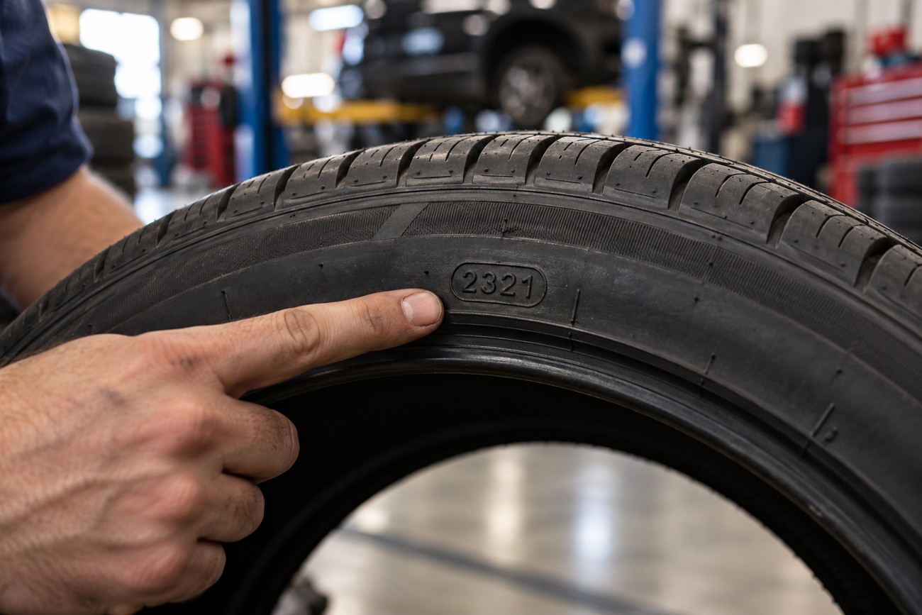 Mechanic pointing at the DOT manufacture date code on a car tire sidewall in a workshop