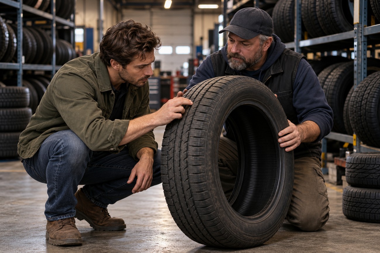 A mechanic and a customer inspecting a car tire tread in a warehouse full of tires