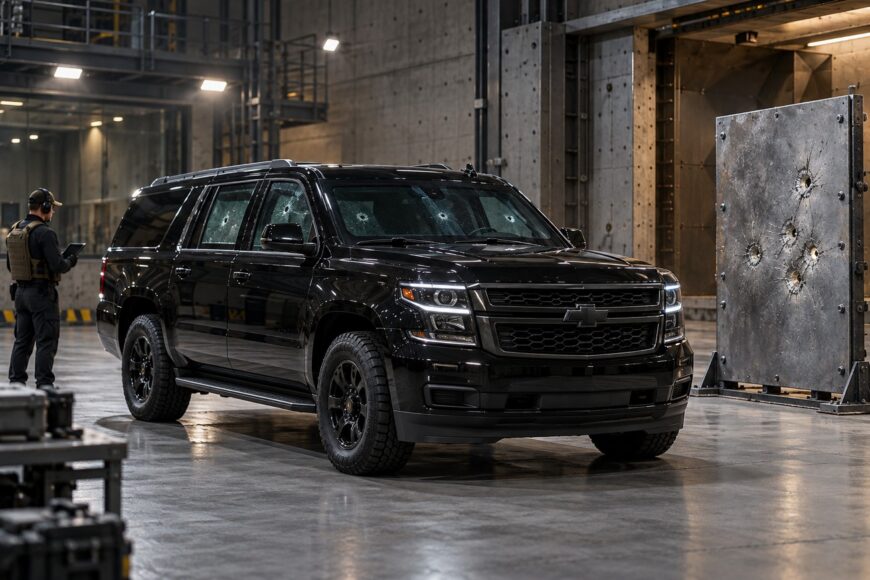 A black armored Chevy Suburban with bullet impacts on the windows parked inside a testing facility next to a bullet-riddled metal plate