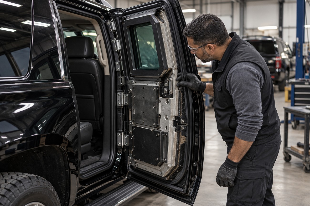 A technician inspecting the heavy armored door and thick ballistic glass of a black Chevy Suburban in a workshop
