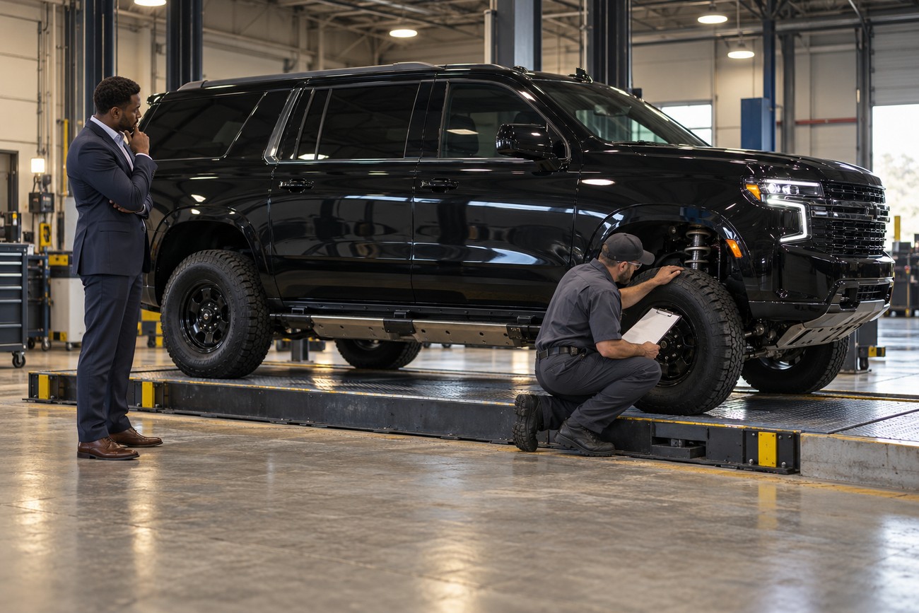 A mechanic inspecting the wheel of a black armored Chevy Suburban in a service garage with a client watching