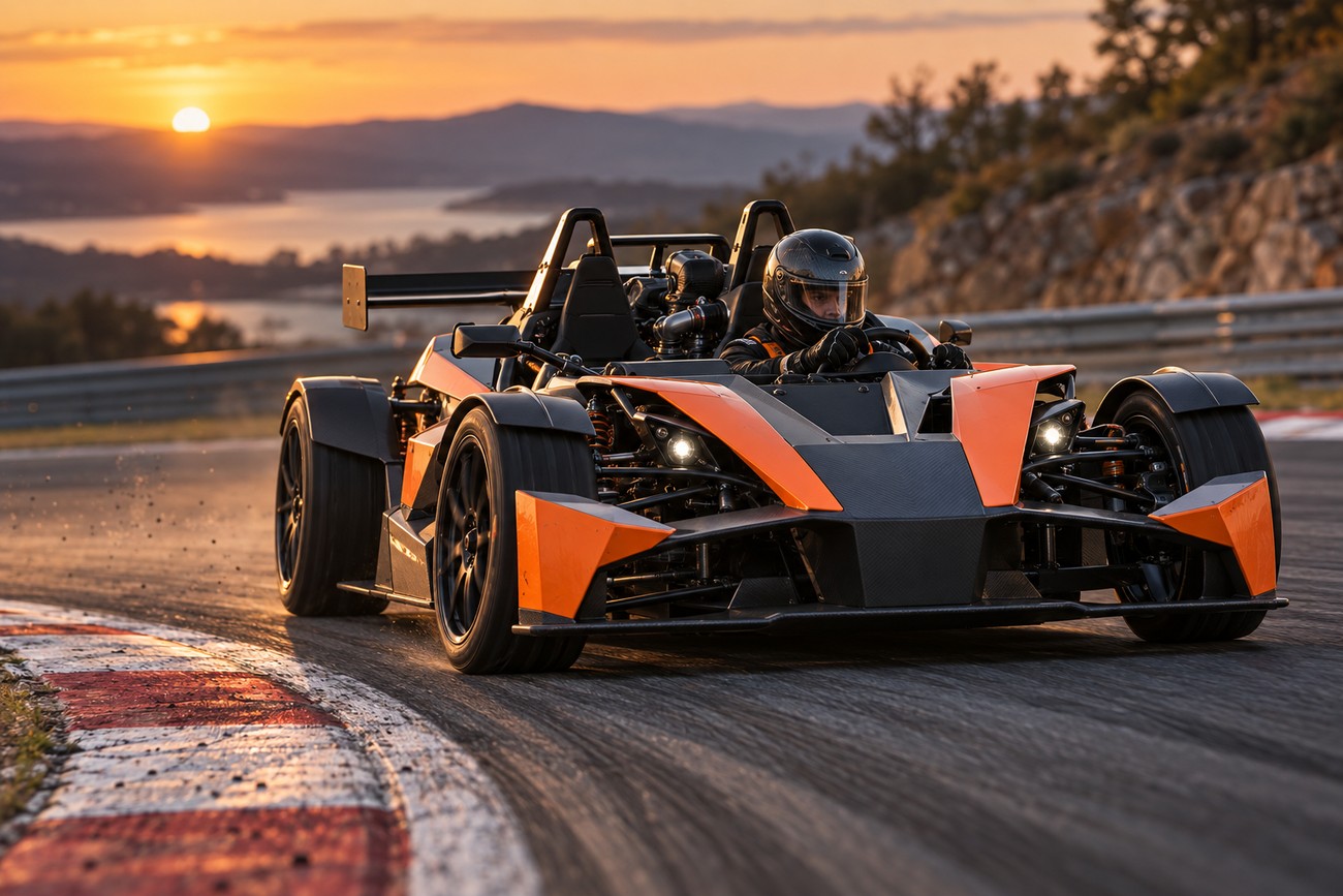 Driver in a helmet racing the orange and black KTM X-Bow carbon car on a track at sunset