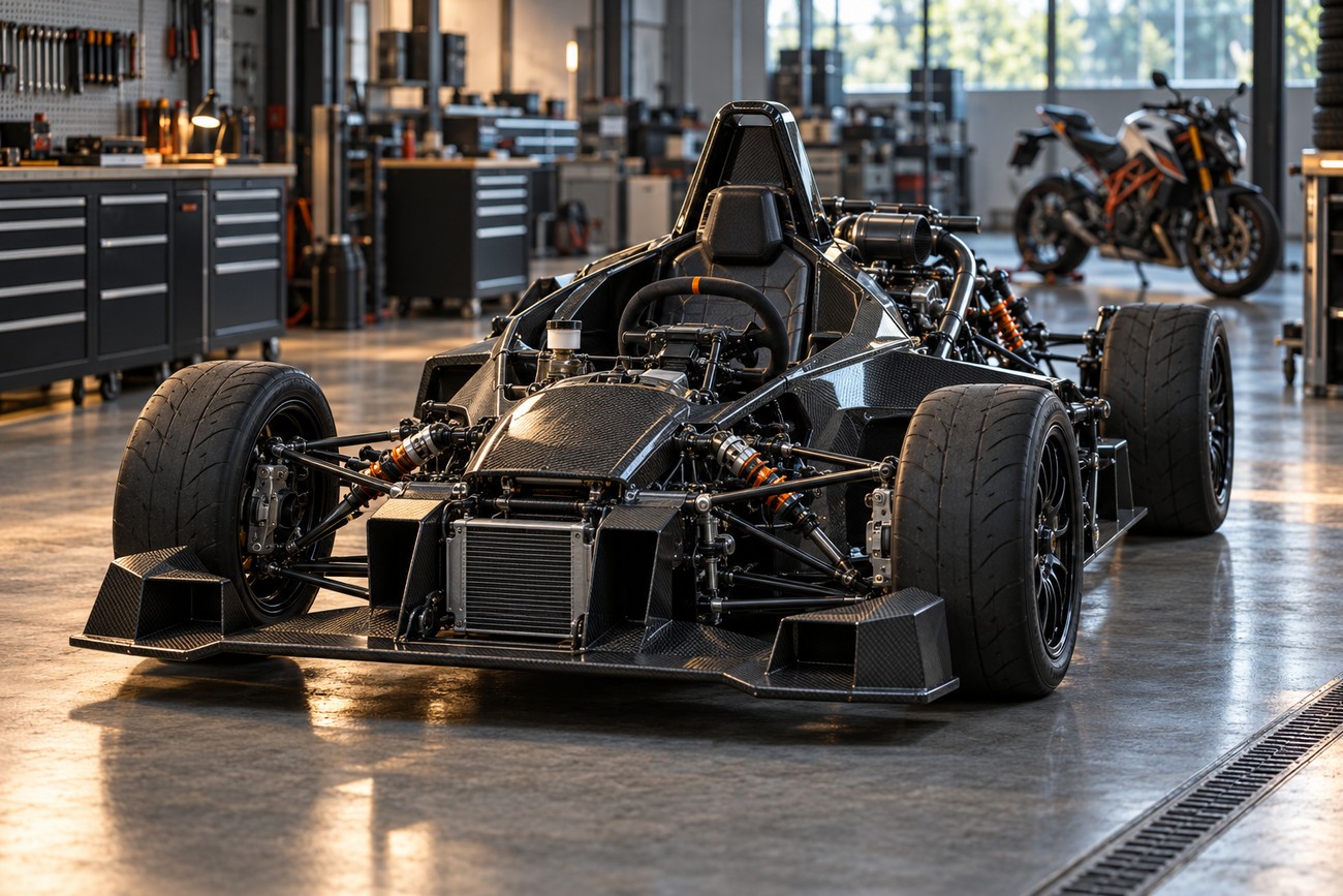 Front view of the lightweight KTM X-Bow carbon fiber sports car parked inside a modern workshop with a motorcycle in the background