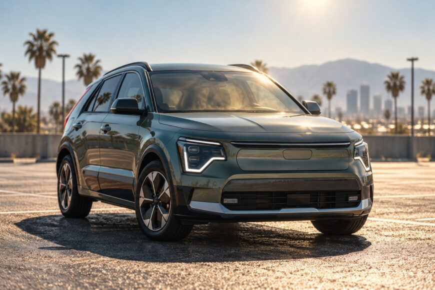 Green Kia Niro EV parked under bright sunlight on an asphalt lot surrounded by palm trees