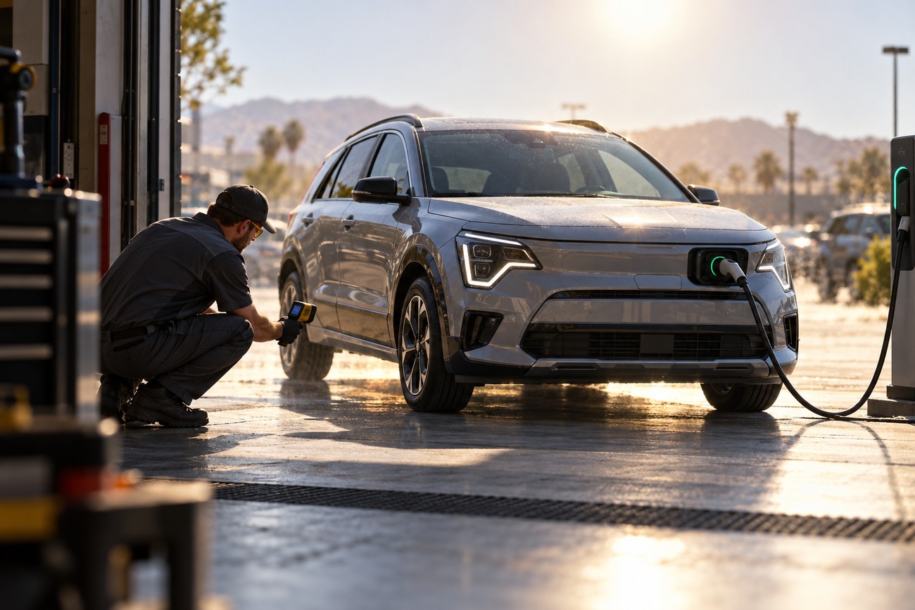 A technician checks the temperature of a gray Kia Niro EV parked in a sunny lot with a charging station