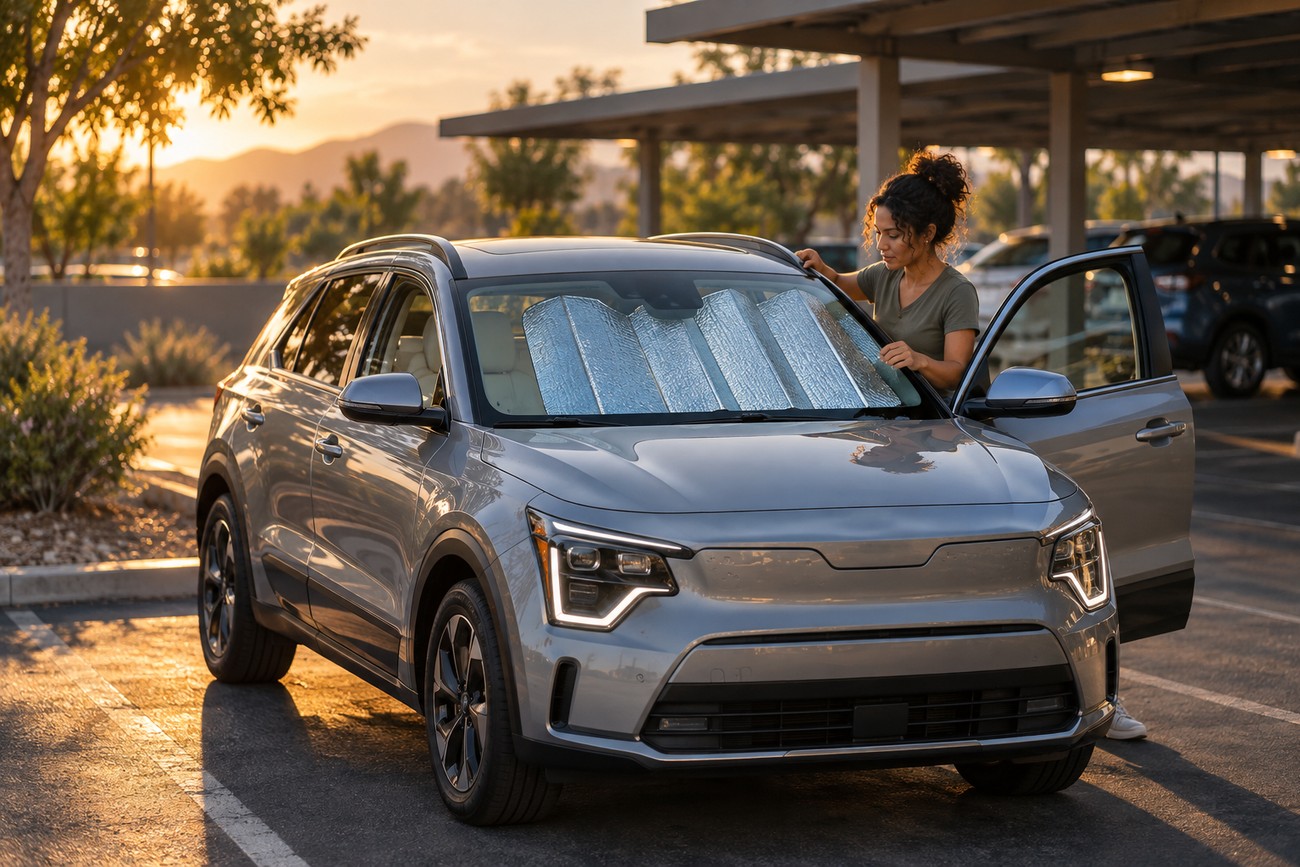 Woman placing a reflective sunshade on the windshield of a silver Kia Niro EV parked in a hot outdoor lot