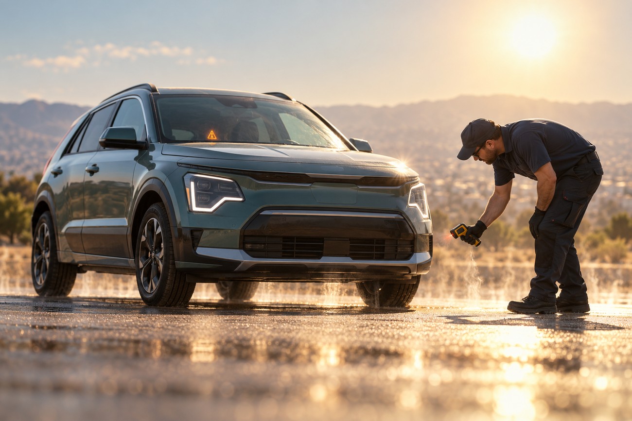 A technician uses a digital infrared thermometer to check the temperature of a green Kia Niro EV parked on a hot asphalt lot under bright sunlight