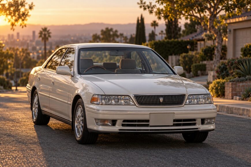 A white Toyota Mark II Grande sport sedan parked on a residential street during golden hour sunset