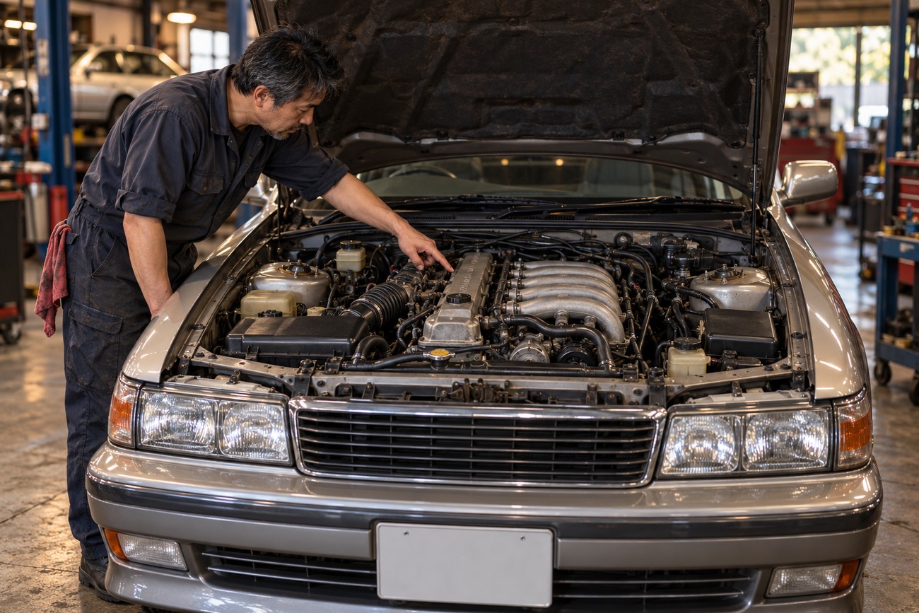 A Japanese mechanic in a dark jumpsuit pointing at the engine under the open hood of a silver Toyota Mark II Grande inside a brightly lit auto repair shop