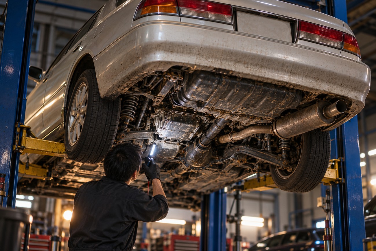 A mechanic holding a flashlight while inspecting the undercarriage and suspension of a Toyota Mark II Grande lifted on a hoist