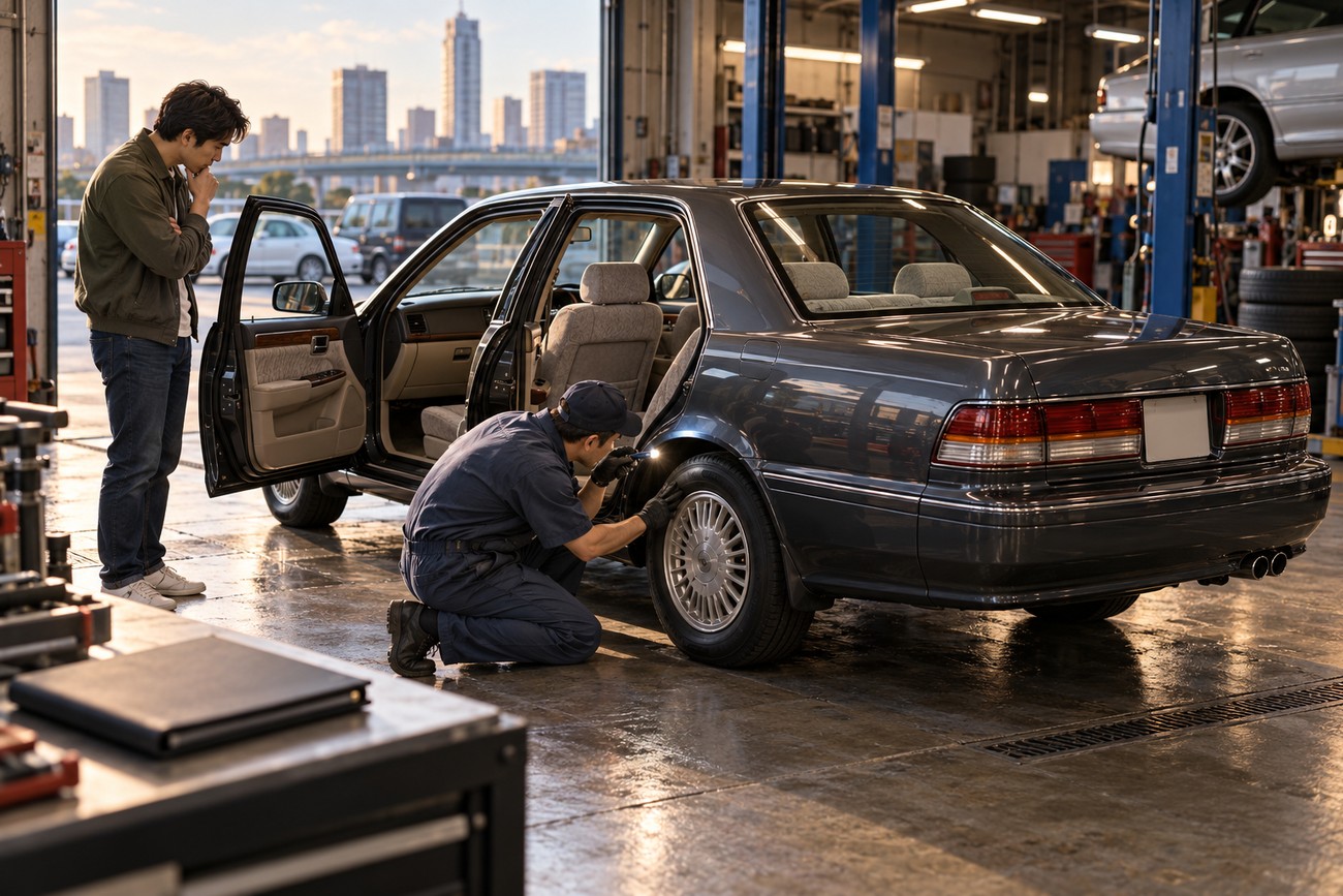 A mechanic inspects the rear wheel of a dark gray Toyota Mark II Grande sedan while a salaryman looks on in a repair shop