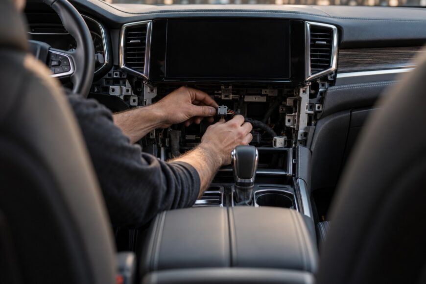 Mechanic hands checking wiring harness behind the disassembled dashboard of a modern car interior