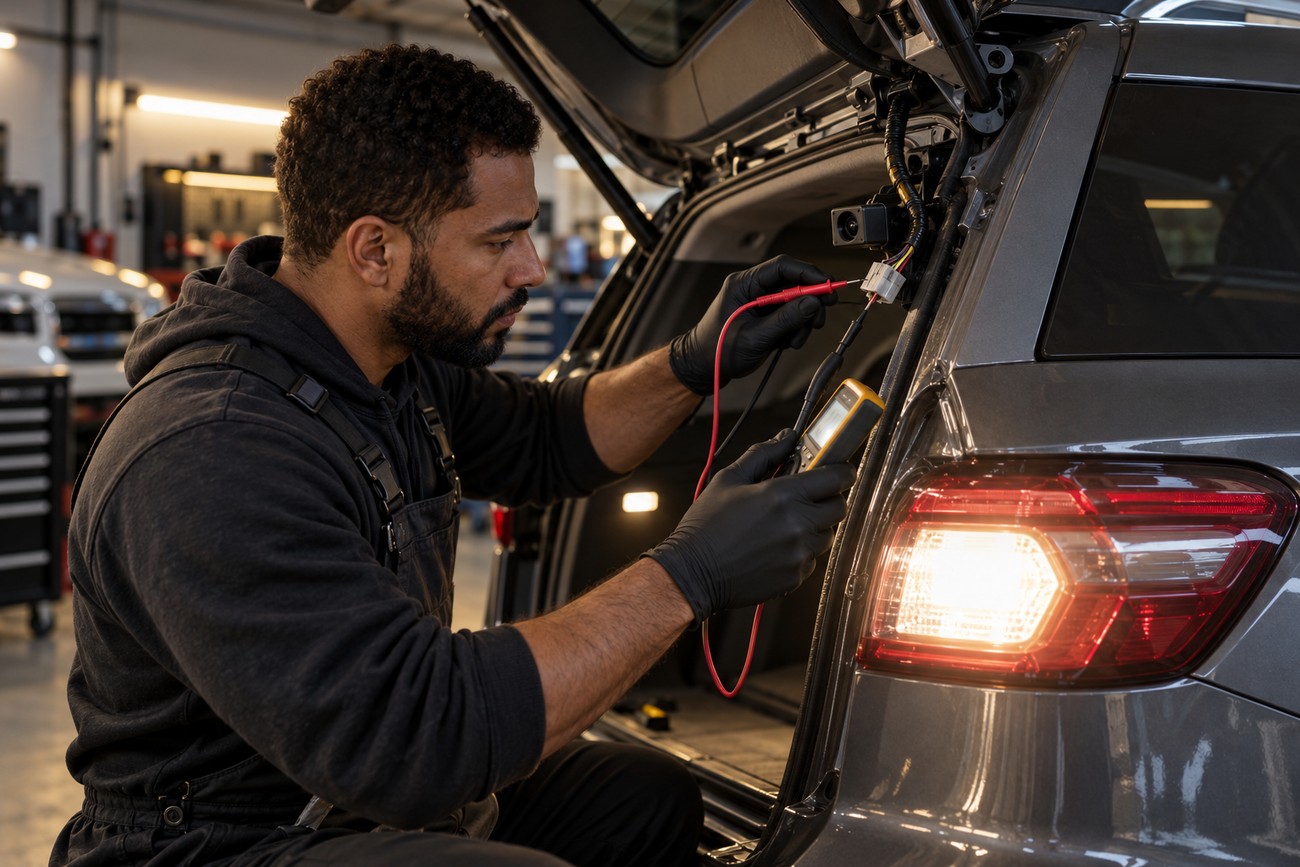 A male mechanic wearing gloves uses a multimeter to test the wiring of a backup camera in the open trunk of a car