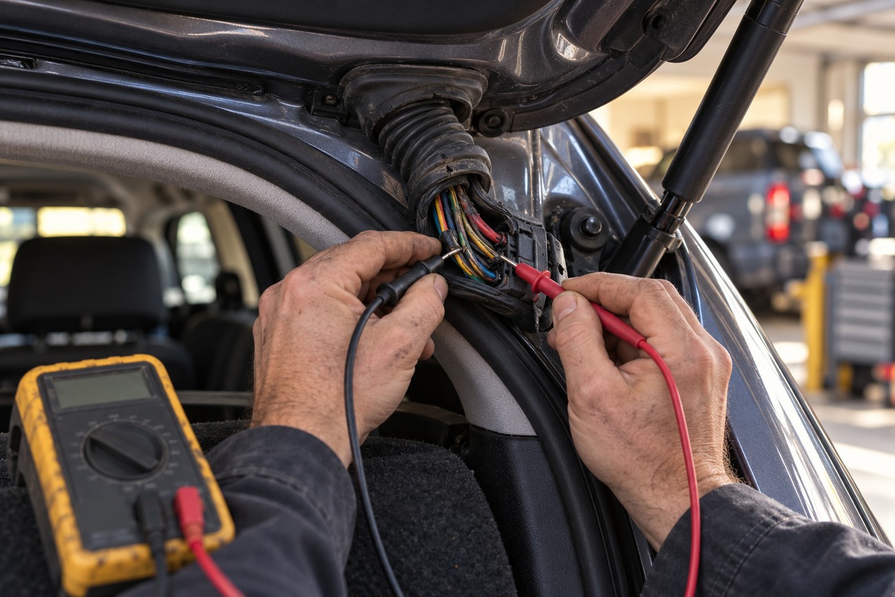 A mechanic using a multimeter probes car tailgate wiring harness to troubleshoot backup camera issues