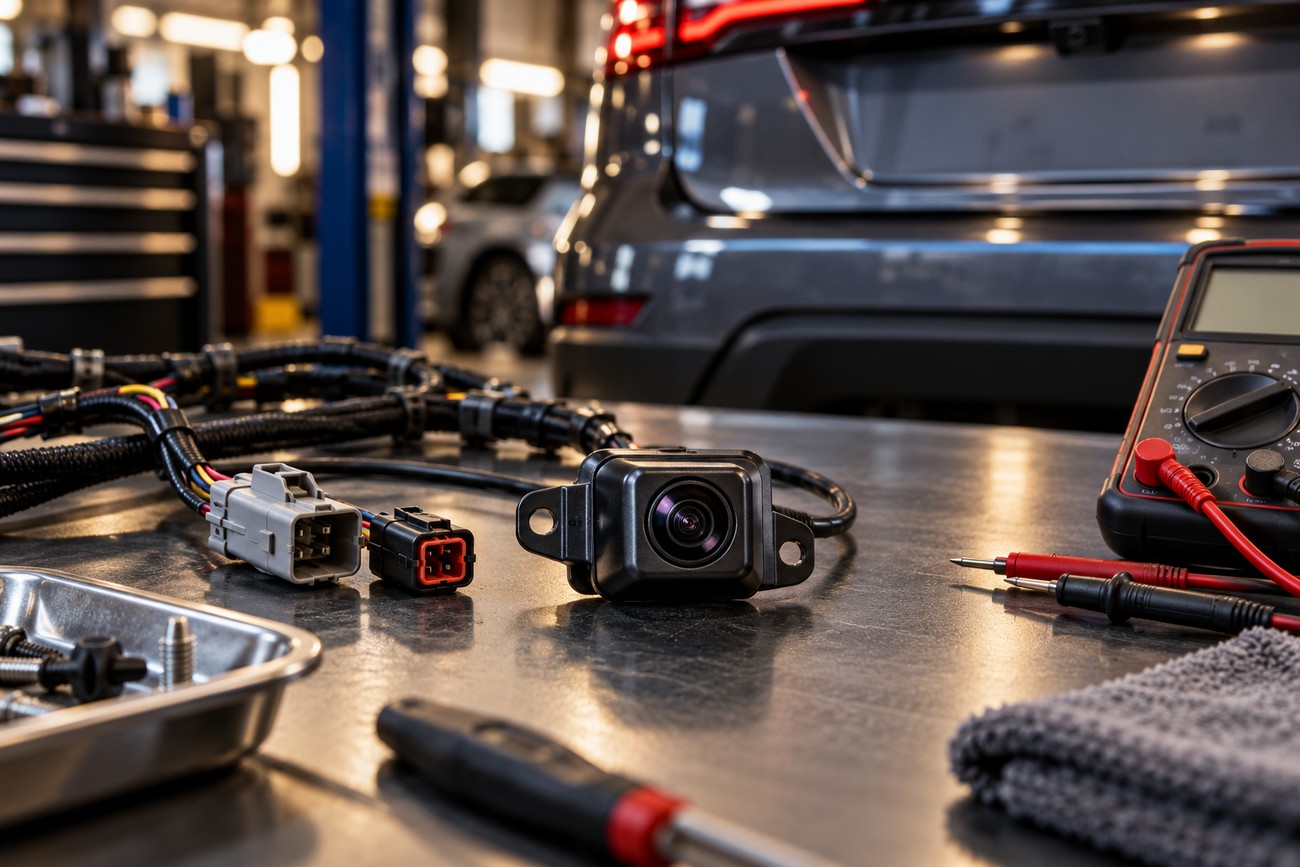 A backup camera module and wiring harness with electrical connectors on a metal workbench next to a multimeter and car