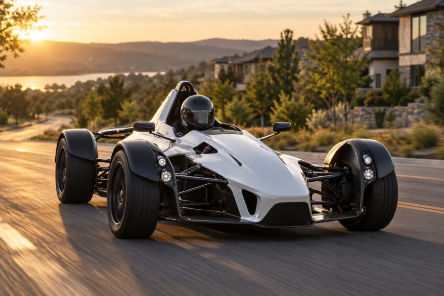 A white BAC Mono single-seat sports car driven by a person in a helmet on a suburban street at sunset
