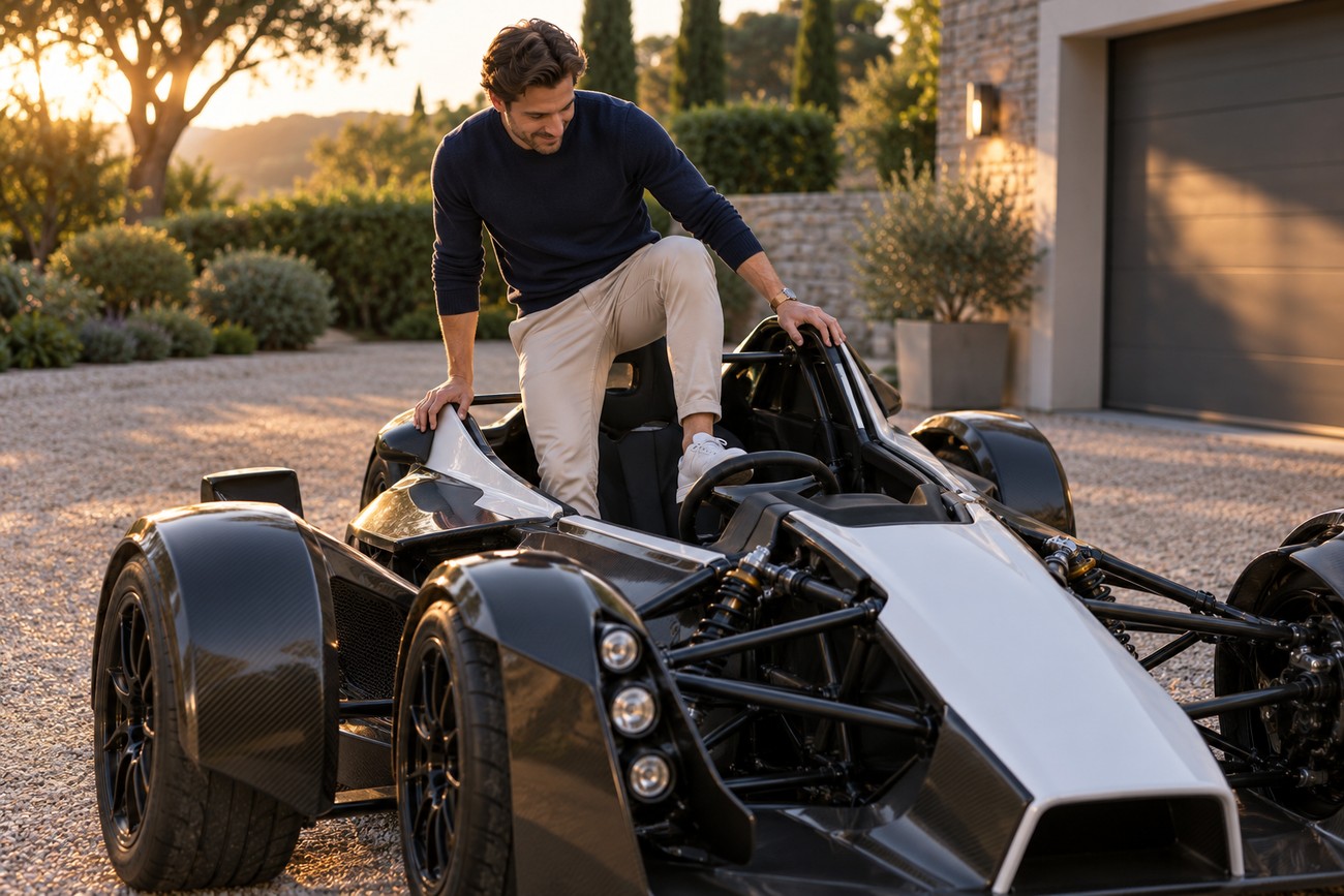 A smiling man stepping into the cockpit of a black and white BAC Mono single-seat sports car outdoors