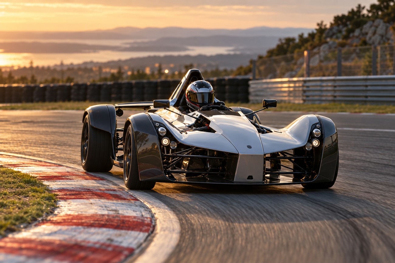 Silver BAC Mono single-seat sports car driving on a race track during a scenic sunset