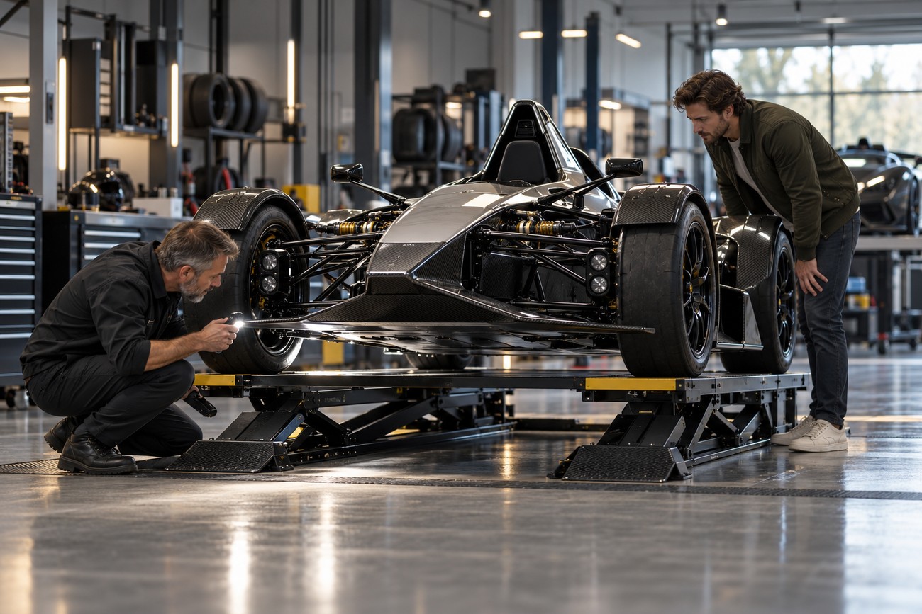 Mechanic and owner inspecting the front suspension of a BAC Mono sports car on a lift in a garage
