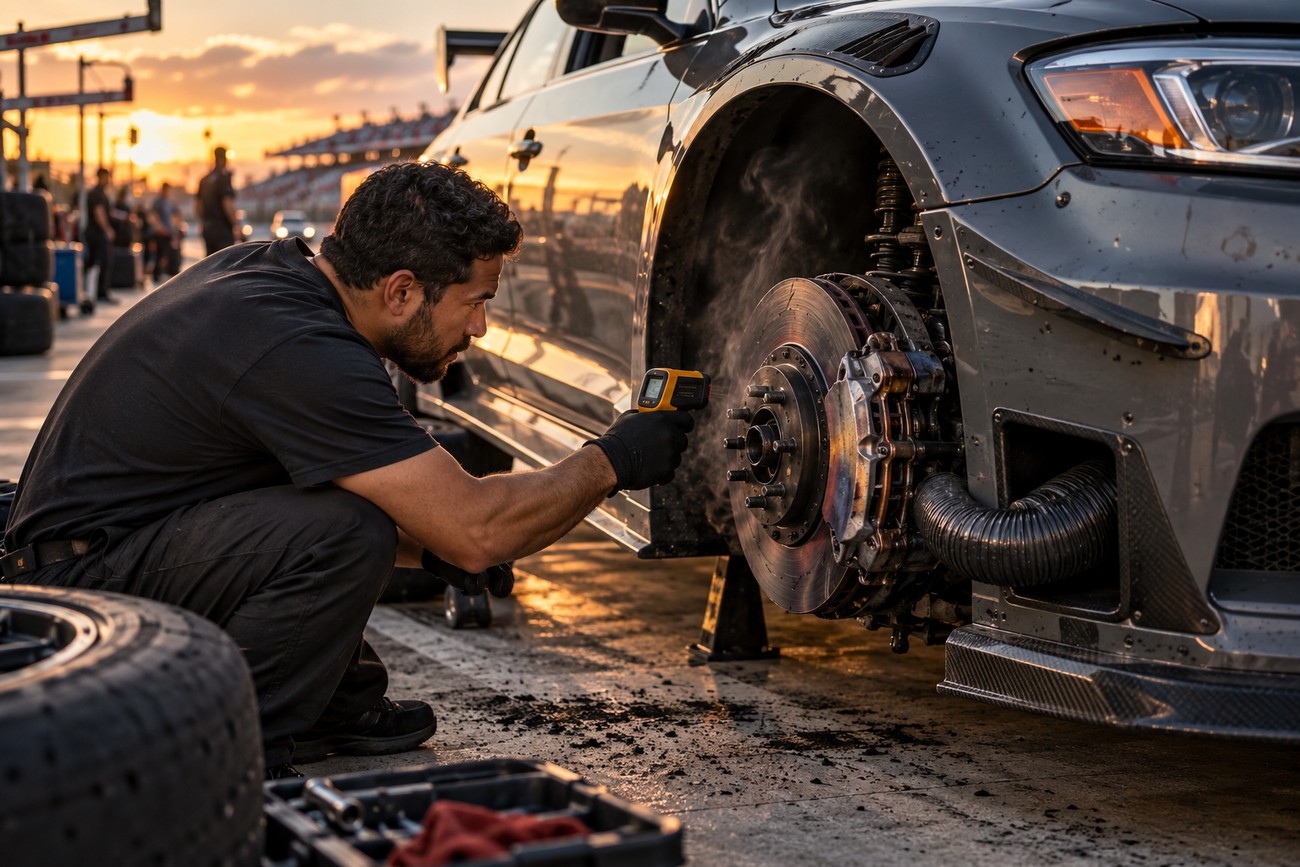 A mechanic wearing gloves checks the temperature of a steaming big brake kit on a track car with an infrared thermometer during sunset