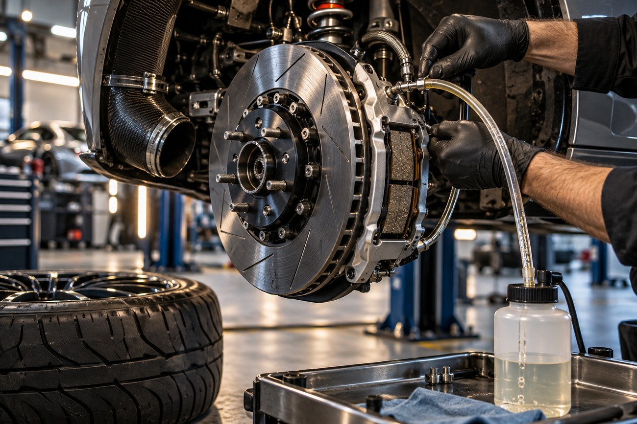 Mechanic wearing black gloves bleeding brake fluid into a clear bottle from a high-performance big brake kit caliper in a workshop