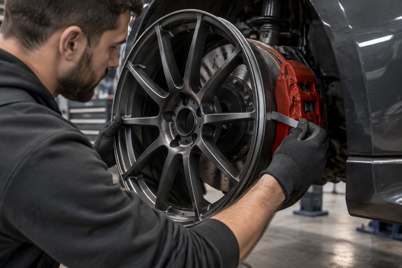 Mechanic wearing gloves checking wheel clearance over a red performance brake caliper in a garage
