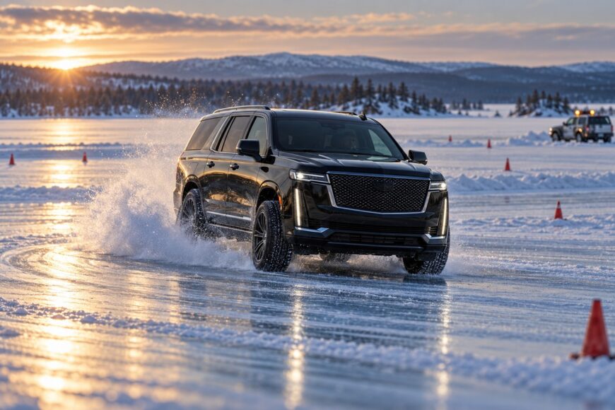 A black Cadillac Escalade SUV drifting and kicking up snow on the frozen surface of Lake Inari during sunset