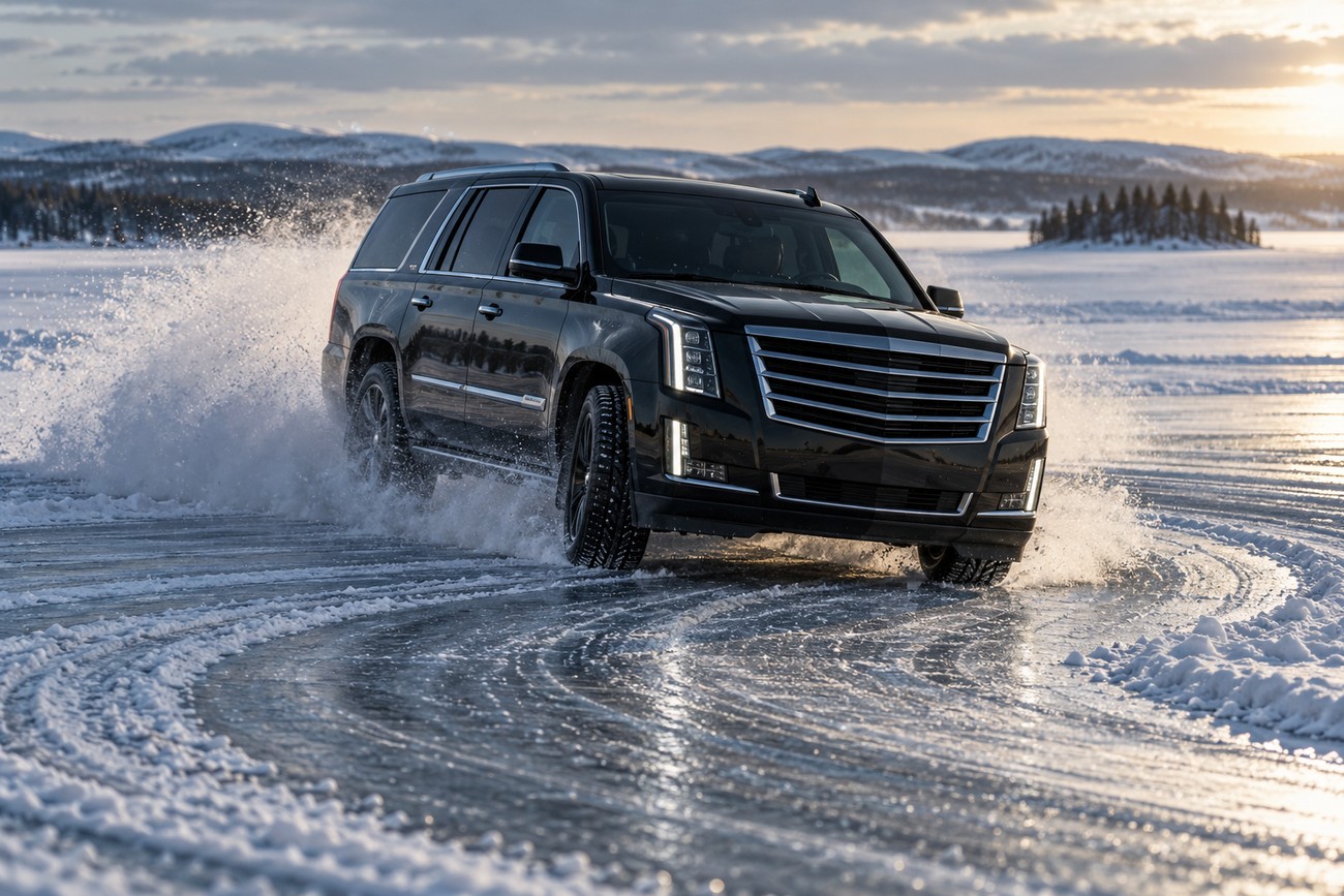 A black Cadillac Escalade SUV drifts aggressively on the icy surface of Lake Inari, sending snow flying
