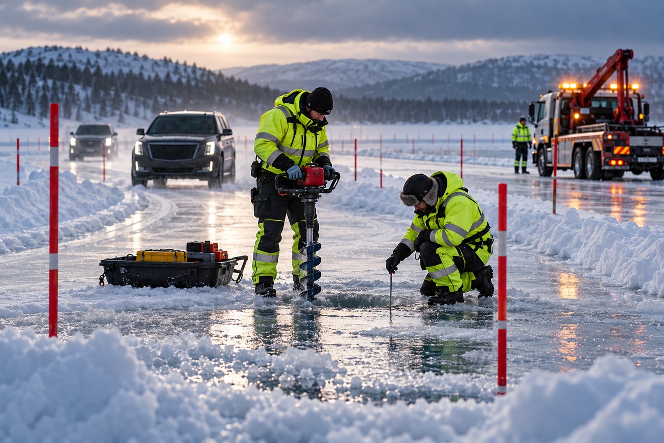 Crew members in high-visibility jackets drilling and measuring ice thickness on Lake Inari with a Cadillac Escalade SUV nearby