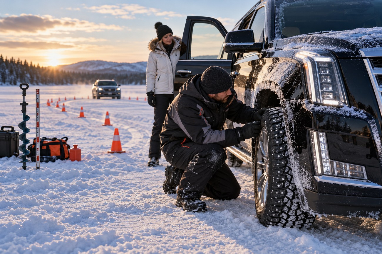 A man checks the studded tire of a black Cadillac Escalade parked on a snowy ice lake with orange cones