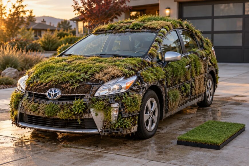 A Toyota Prius parked in a driveway with its exterior entirely covered in real grass and turf panels