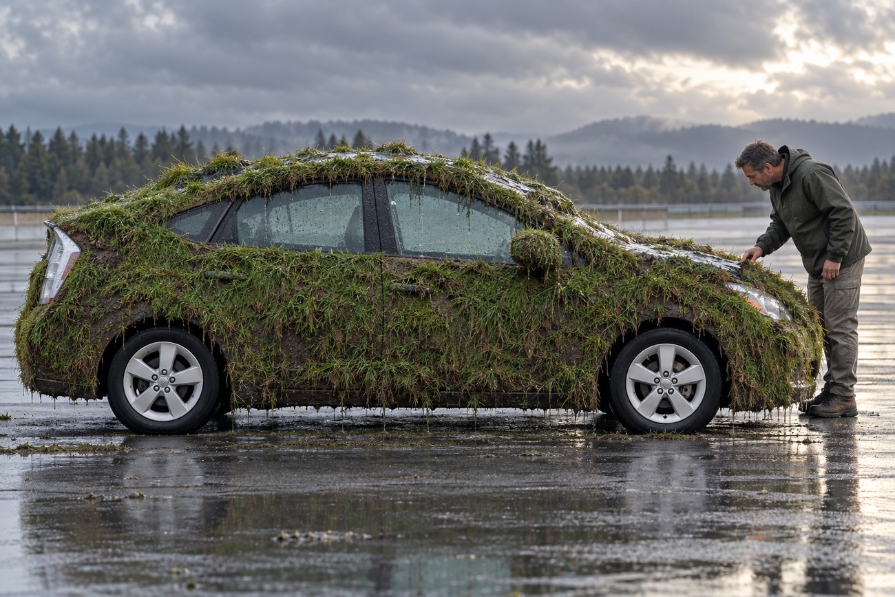 A man in a jacket inspecting a Toyota Prius entirely covered in real grass and mud outdoors