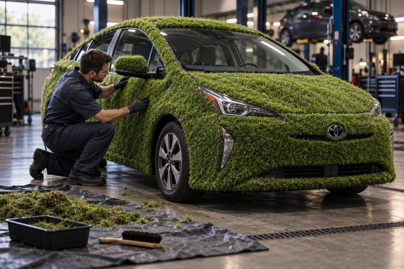 A mechanic in dark overalls applying real grass to the body of a Toyota Prius inside an auto repair shop