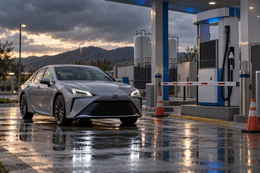 A silver Toyota Mirai parked at a closed hydrogen fueling station with wet pavement under a cloudy sunset sky