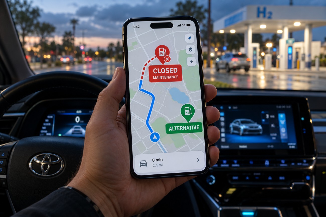 A driver holding a smartphone displaying a navigation map showing a closed hydrogen station and alternative route inside a Toyota Mirai car