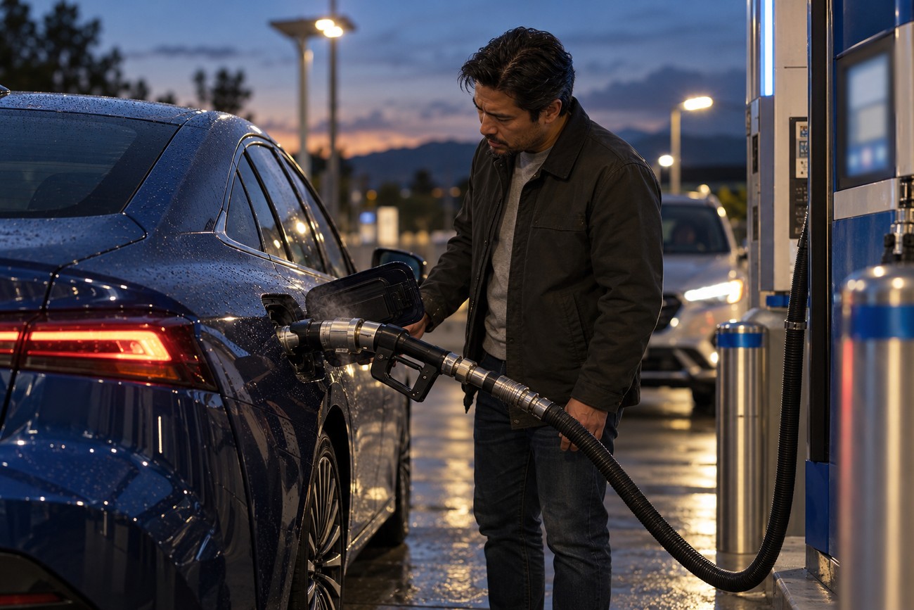A man stands next to a blue Toyota Mirai holding a heavy hydrogen fuel nozzle at a station