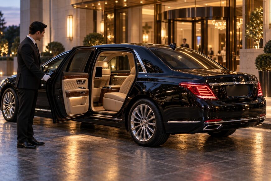 A professional butler in a black suit and white gloves opens the rear door of a black Hyundai Equus luxury sedan parked in front of a luxury hotel entrance at dusk