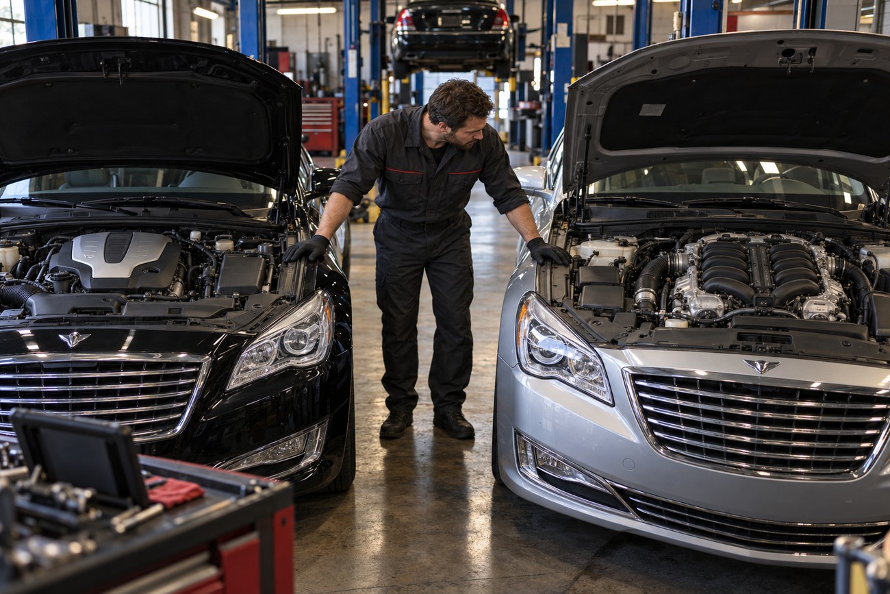 Mechanic inspecting the open engines of black and silver Hyundai Equus luxury sedans in a repair shop
