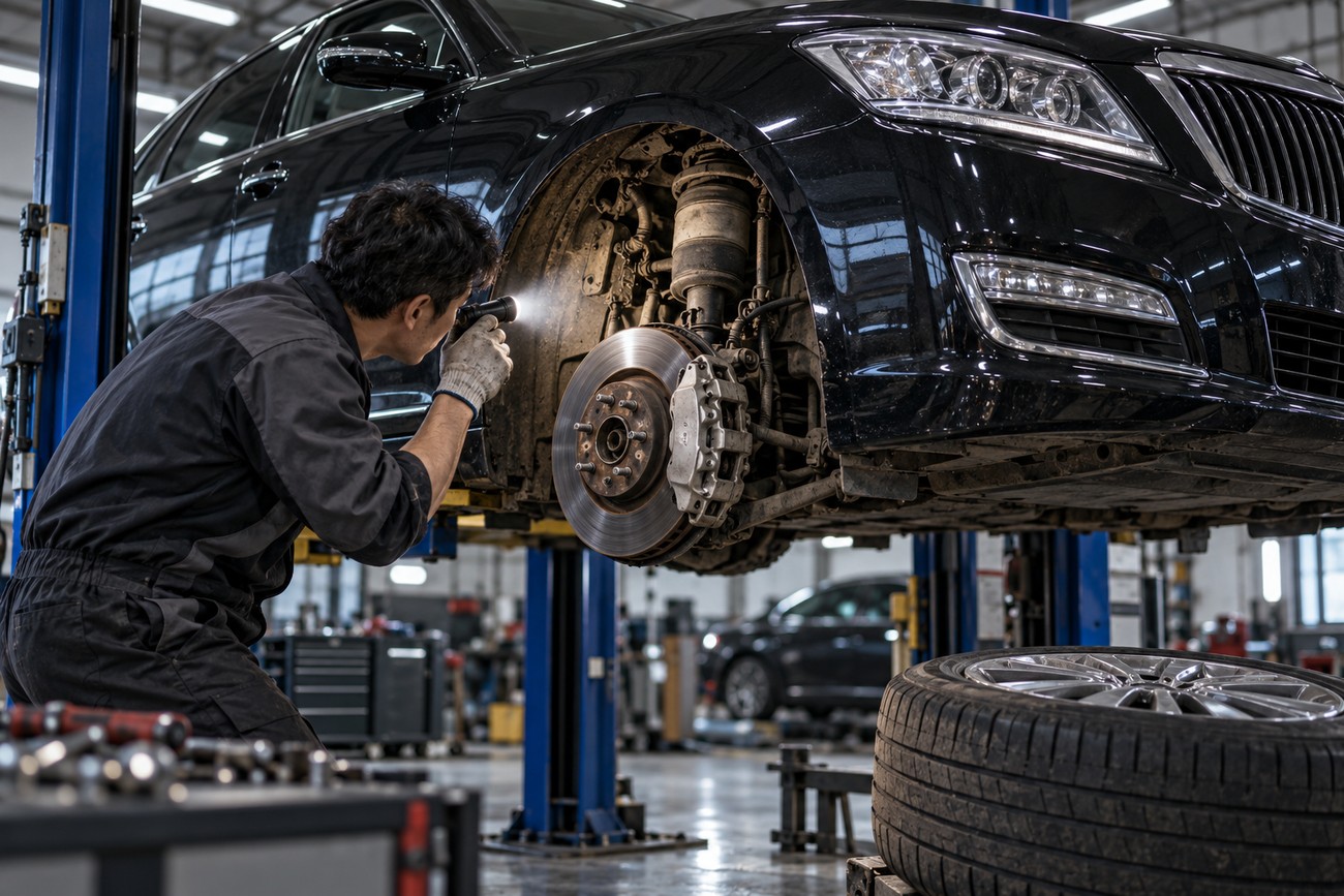 A mechanic in work overalls uses a flashlight to inspect the front wheel suspension of a black Hyundai Equus luxury sedan lifted on a service lift