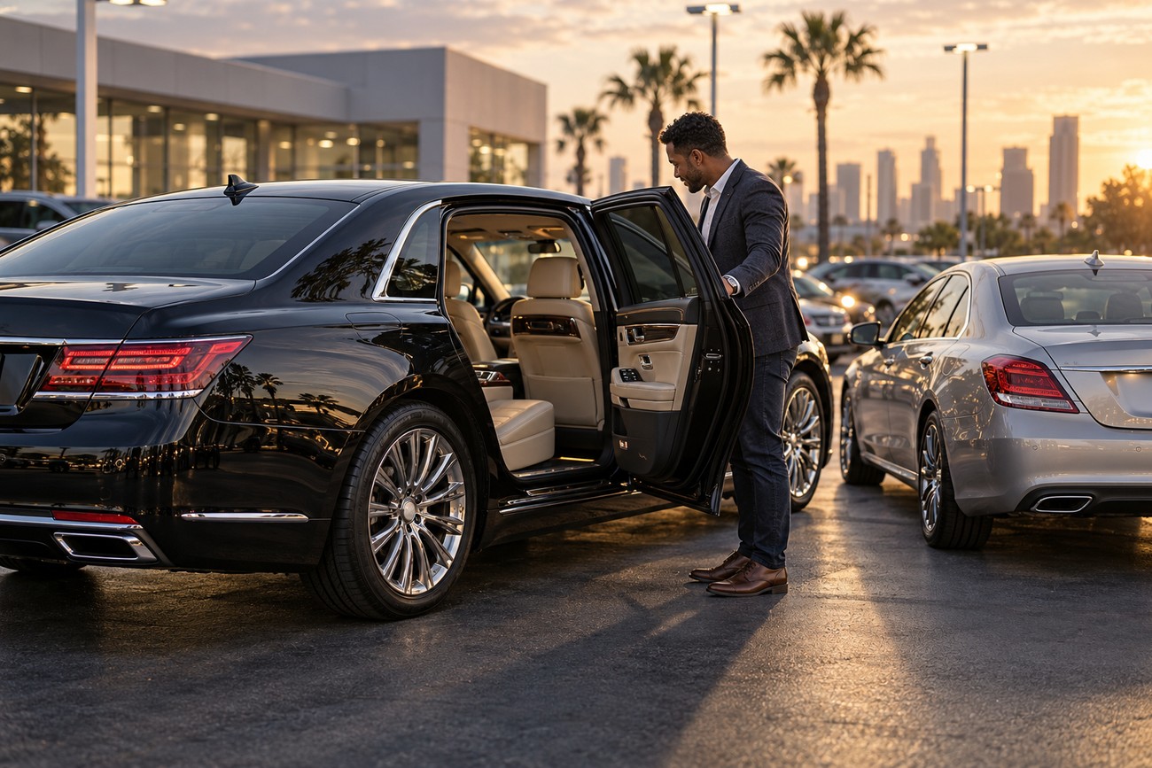 A man in a suit opening the rear door of a luxury black Hyundai Equus sedan at sunset